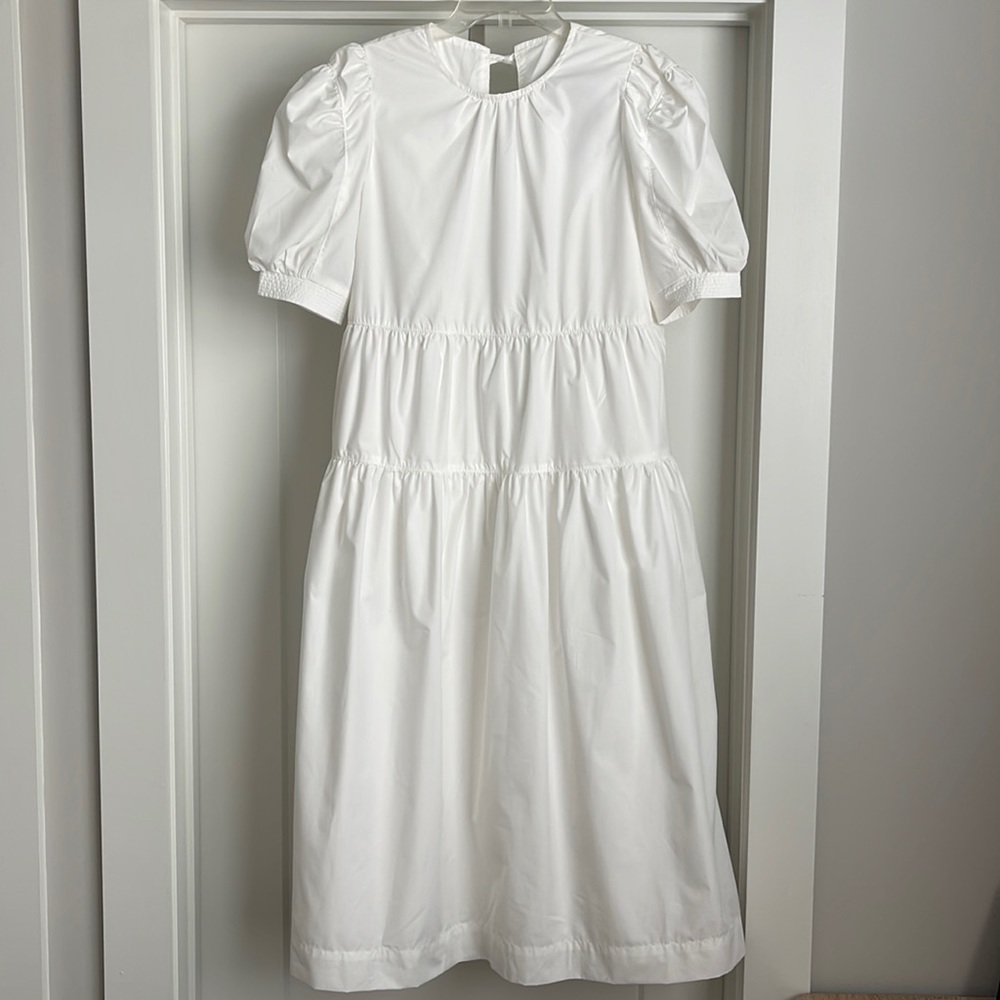 en saison White Puff Sleeve Midi Dress with Tie Back Detail